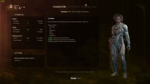 Summary screenshot of The Outer Worlds video game interface.