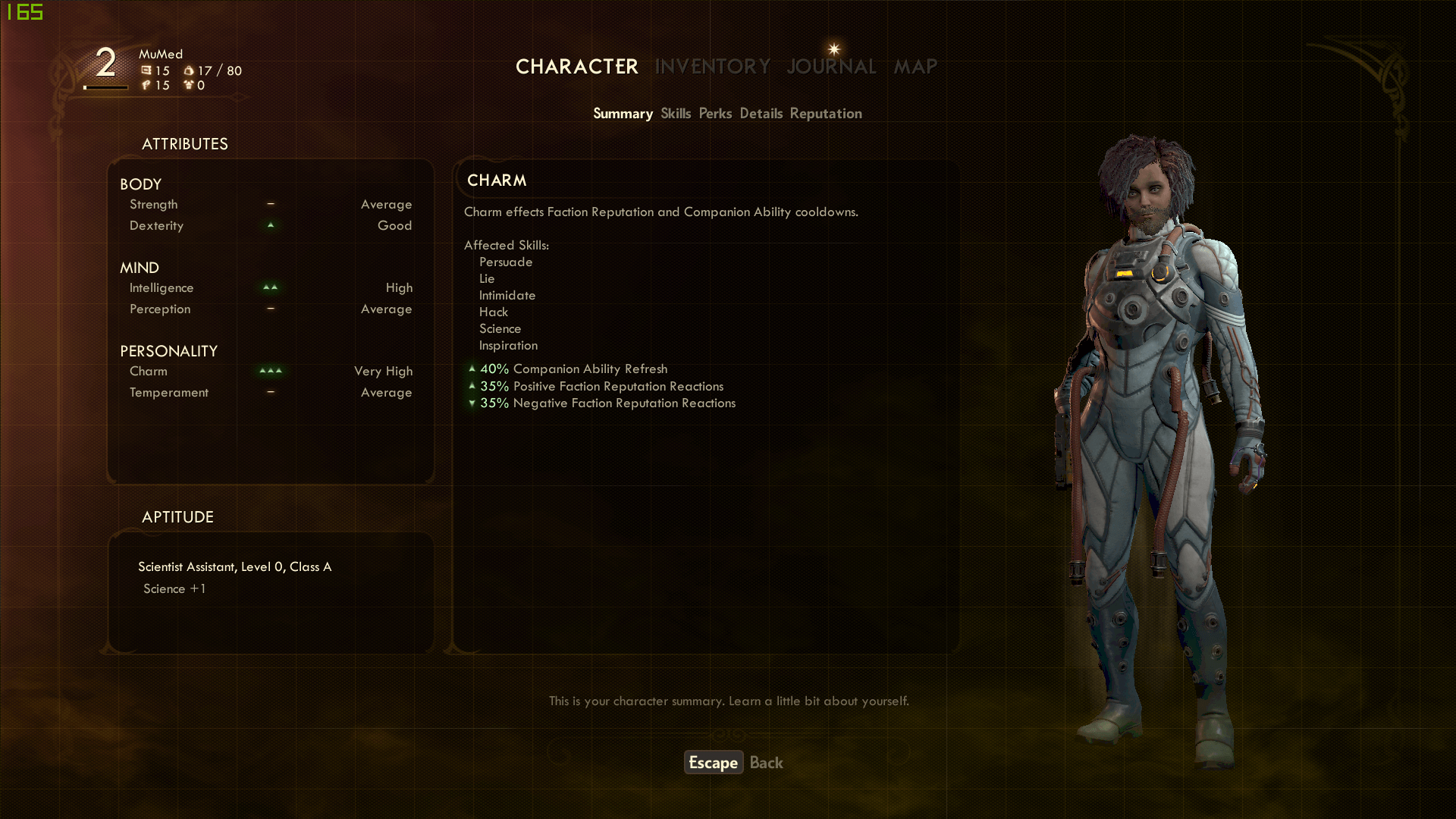 Summary screenshot of The Outer Worlds video game interface.