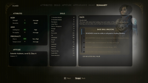 Summary screenshot of The Outer Worlds video game interface.