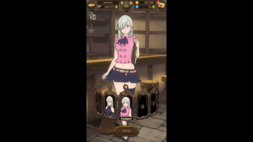 Select outfit screenshot of The Seven Deadly Sins: Grand Cross video game interface.