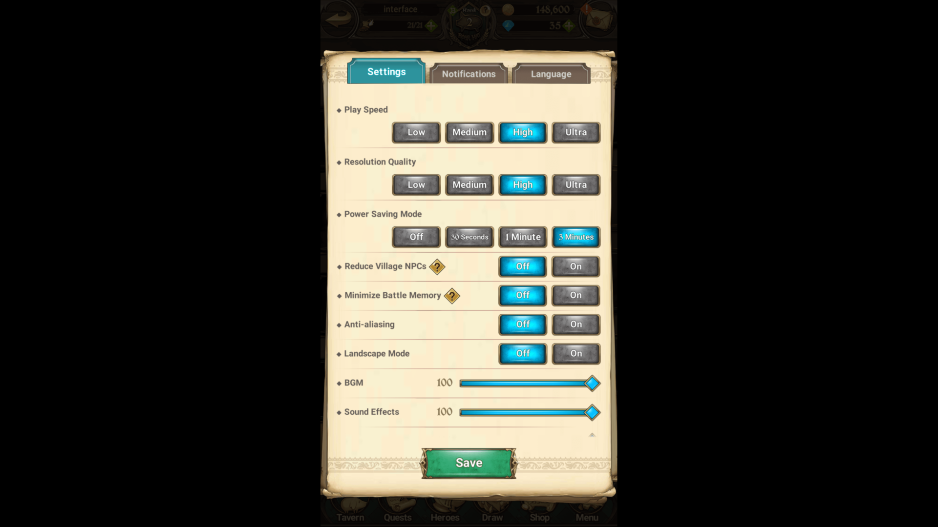 Settings screenshot of The Seven Deadly Sins: Grand Cross video game interface.