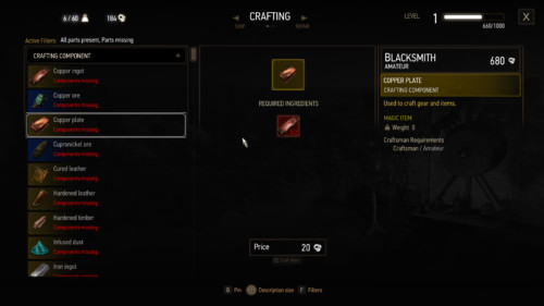 Crafting screenshot of The Witcher 3: Wild Hunt video game interface.