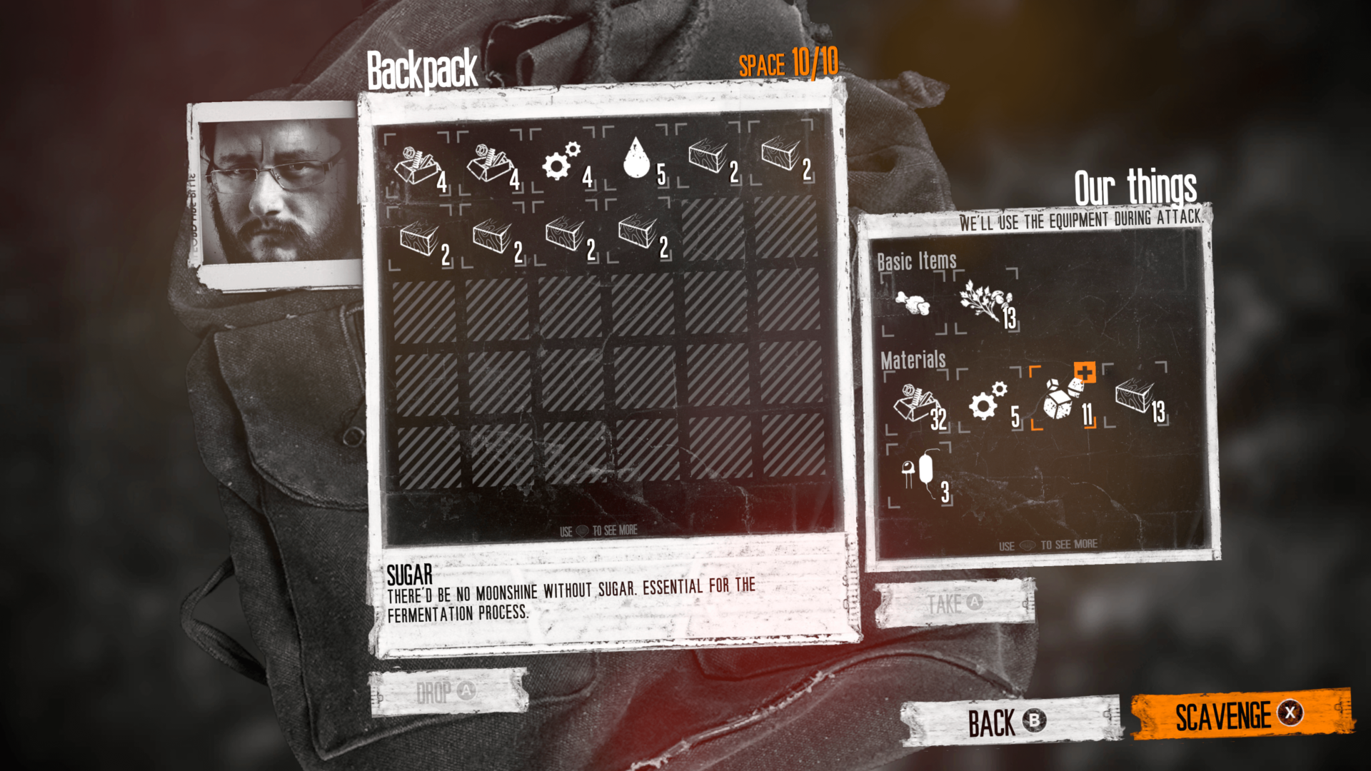 Backpad screenshot of This War of Mine video game interface.