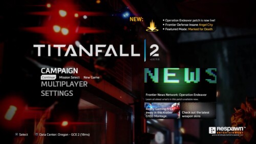 Main Menu screenshot of Titanfall 2 video game interface.