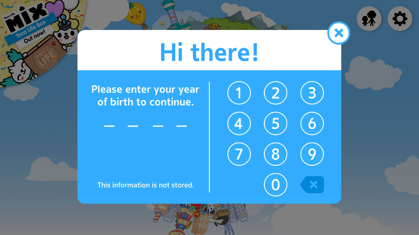 Age Confirmation Pop Up screenshot of Toca Life World video game interface.