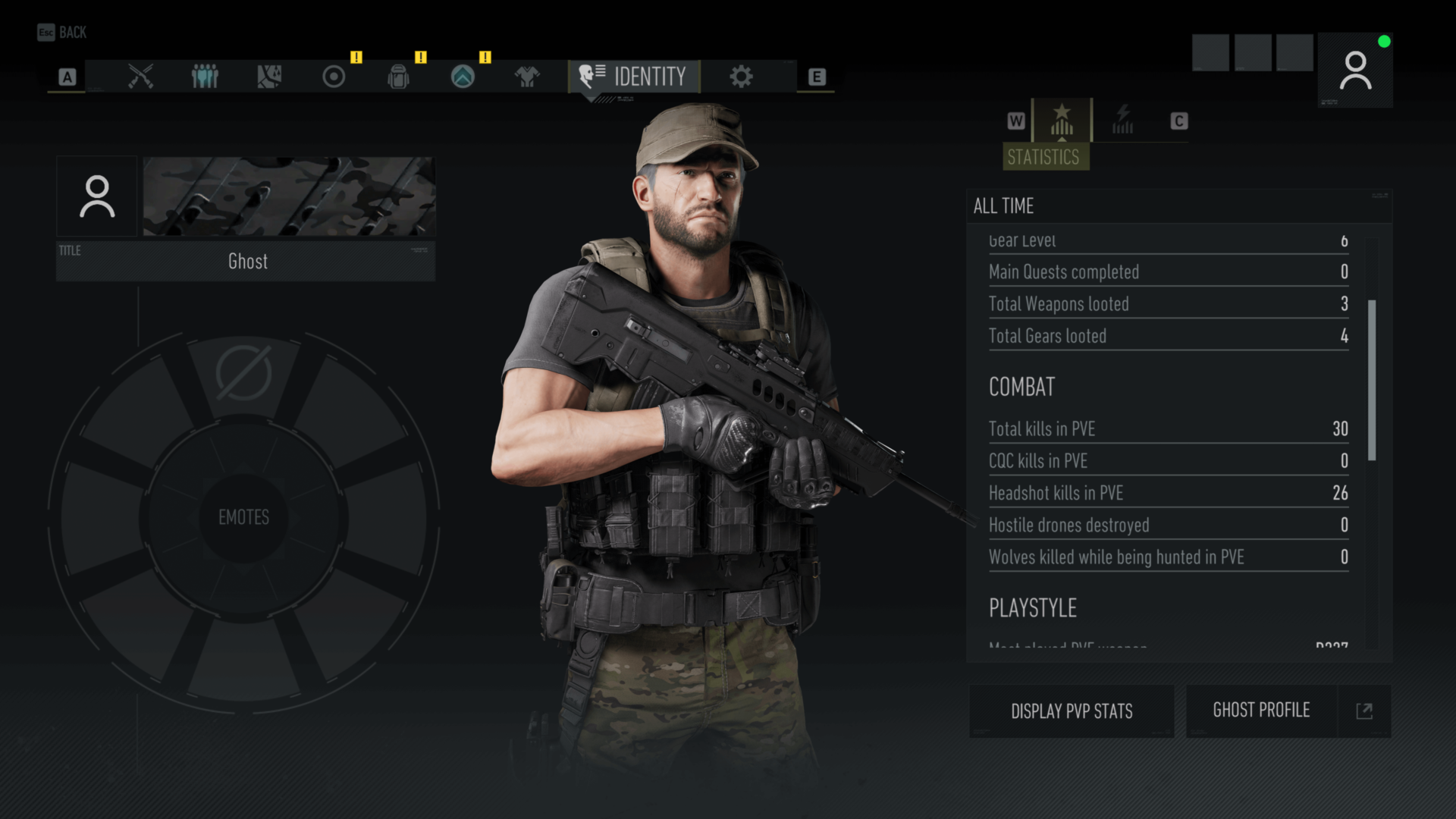 Identity screenshot of Tom Clancy’s Ghost Recon: Breakpoint video game interface.