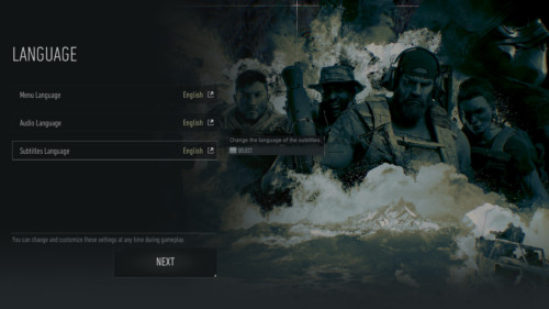 Language screenshot of Tom Clancy’s Ghost Recon: Breakpoint video game interface.