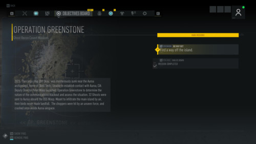 Objectives board screenshot of Tom Clancy’s Ghost Recon: Breakpoint video game interface.