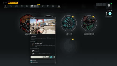Skills screenshot of Tom Clancy’s Ghost Recon: Breakpoint video game interface.