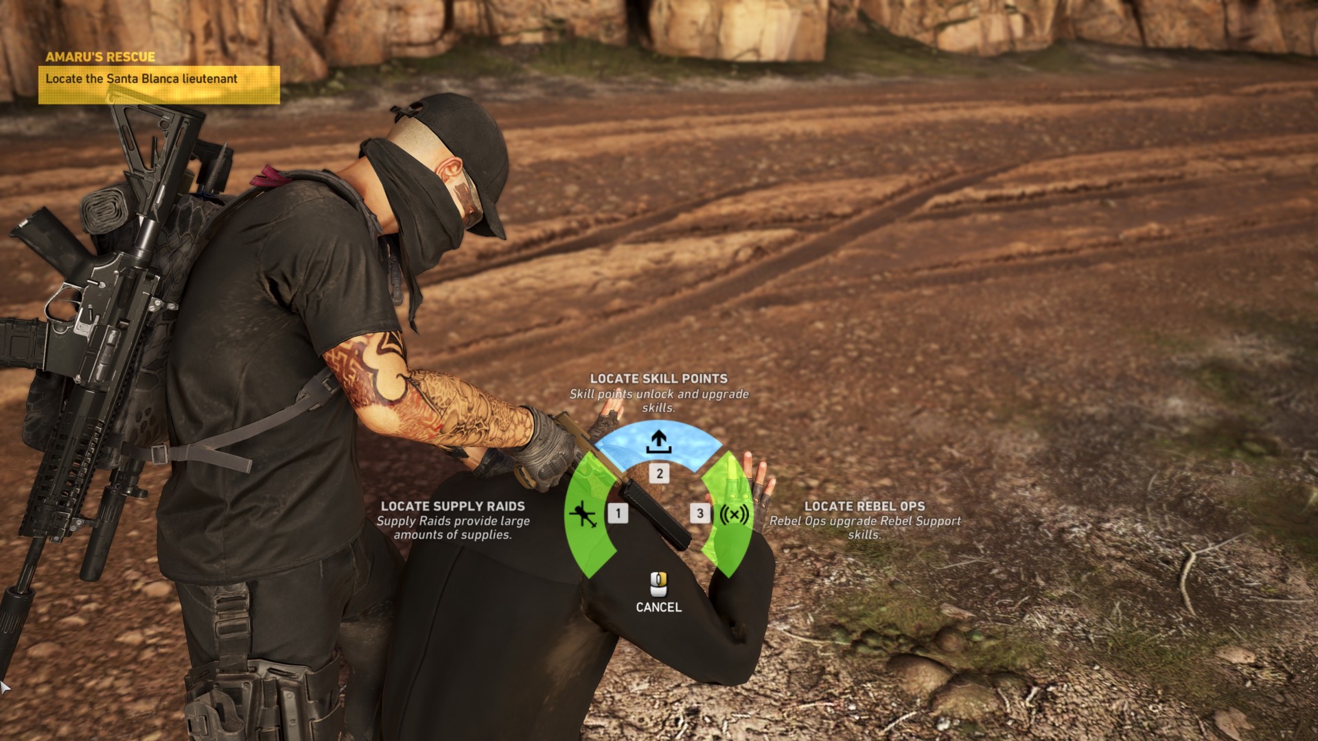 Interrogate screenshot of Tom Clancy’s Ghost Recon: Wildlands video game interface.