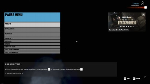 Pause menu screenshot of Tom Clancy’s Ghost Recon: Wildlands video game interface.