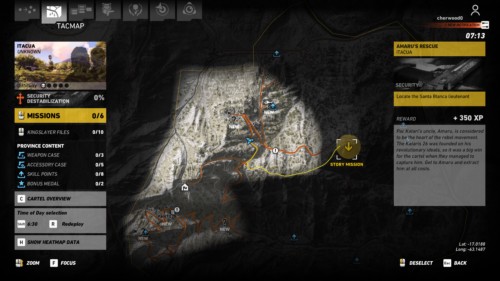Road map screenshot of Tom Clancy’s Ghost Recon: Wildlands video game interface.