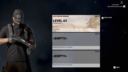 Select slot screenshot of Tom Clancy’s Ghost Recon: Wildlands video game interface.