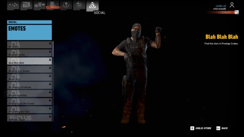 Social emotes screenshot of Tom Clancy’s Ghost Recon: Wildlands video game interface.