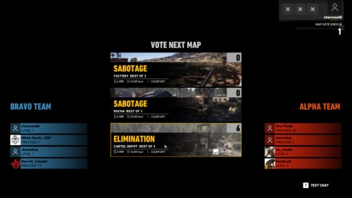 Vote next map screenshot of Tom Clancy’s Ghost Recon: Wildlands video game interface.