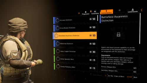Distinction screenshot of Tom Clancy’s The Division 2 video game interface.