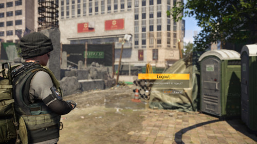Logout screenshot of Tom Clancy’s The Division 2 video game interface.