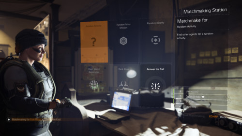 Matchmaking station screenshot of Tom Clancy’s The Division 2 video game interface.