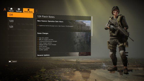 Patch notes screenshot of Tom Clancy’s The Division 2 video game interface.