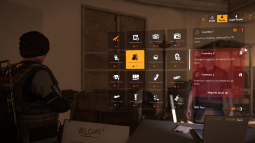 Perks screenshot of Tom Clancy’s The Division 2 video game interface.