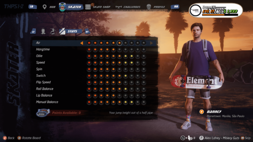 Skater stats screenshot of Tony Hawk’s Pro Skater 1 + 2 video game interface.