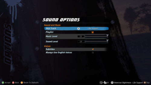 Sound options screenshot of Tony Hawk’s Pro Skater 1 + 2 video game interface.