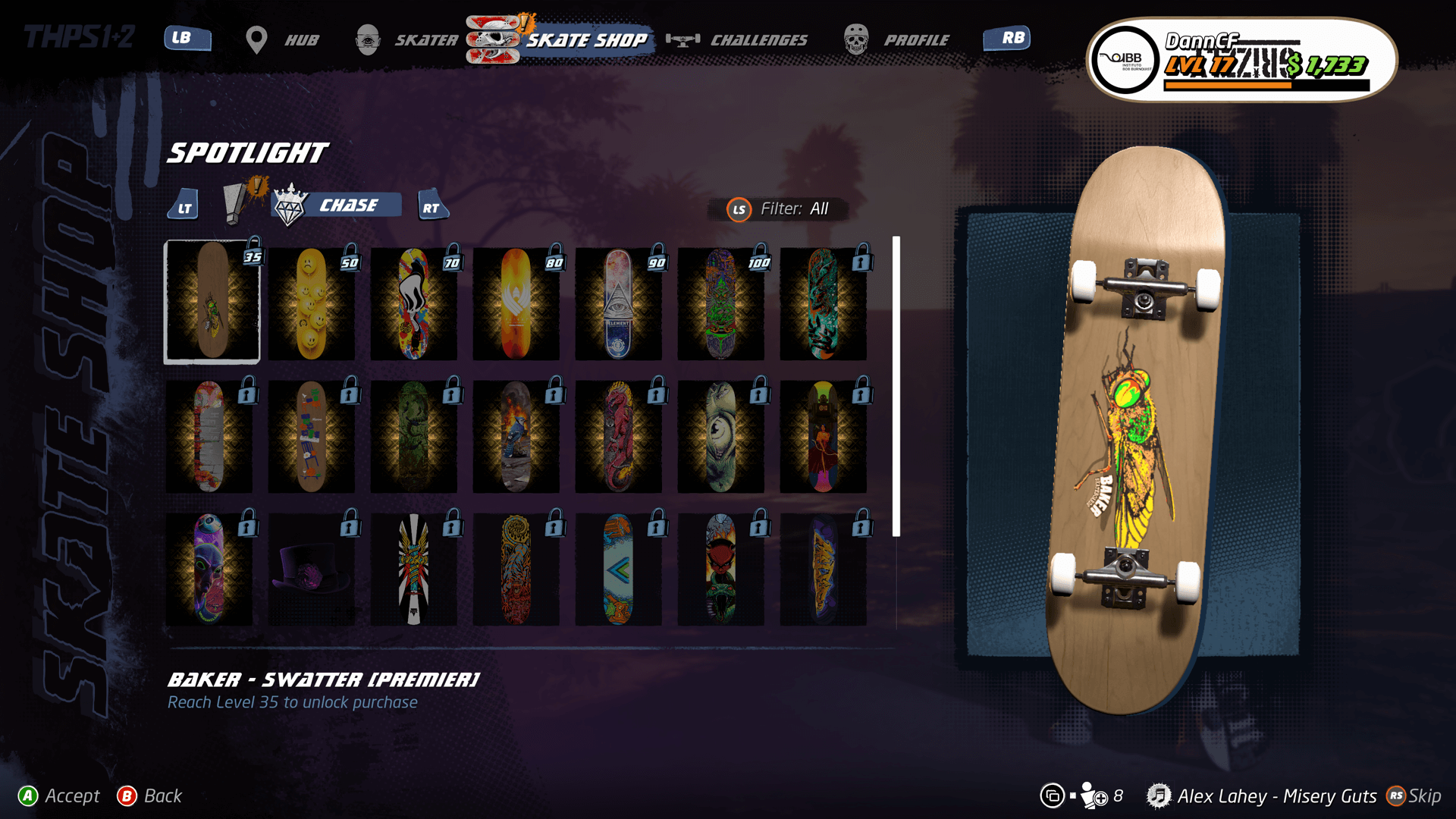 Store locked items screenshot of Tony Hawk’s Pro Skater 1 + 2 video game interface.