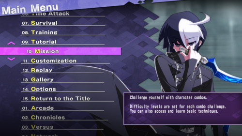 Main menu screenshot of Under Night In-Birth Exe:Late[st] video game interface.