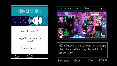 Kira Miki blog screenshot of VA-11 Hall-A: Cyberpunk Bartender Action video game interface.