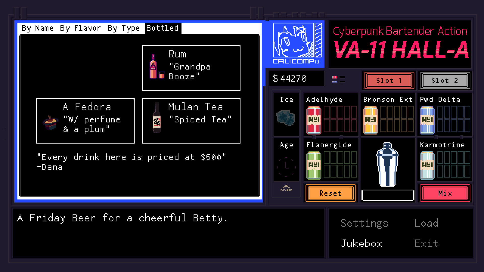 Sort drink by bottled screenshot of VA-11 Hall-A: Cyberpunk Bartender Action video game interface.