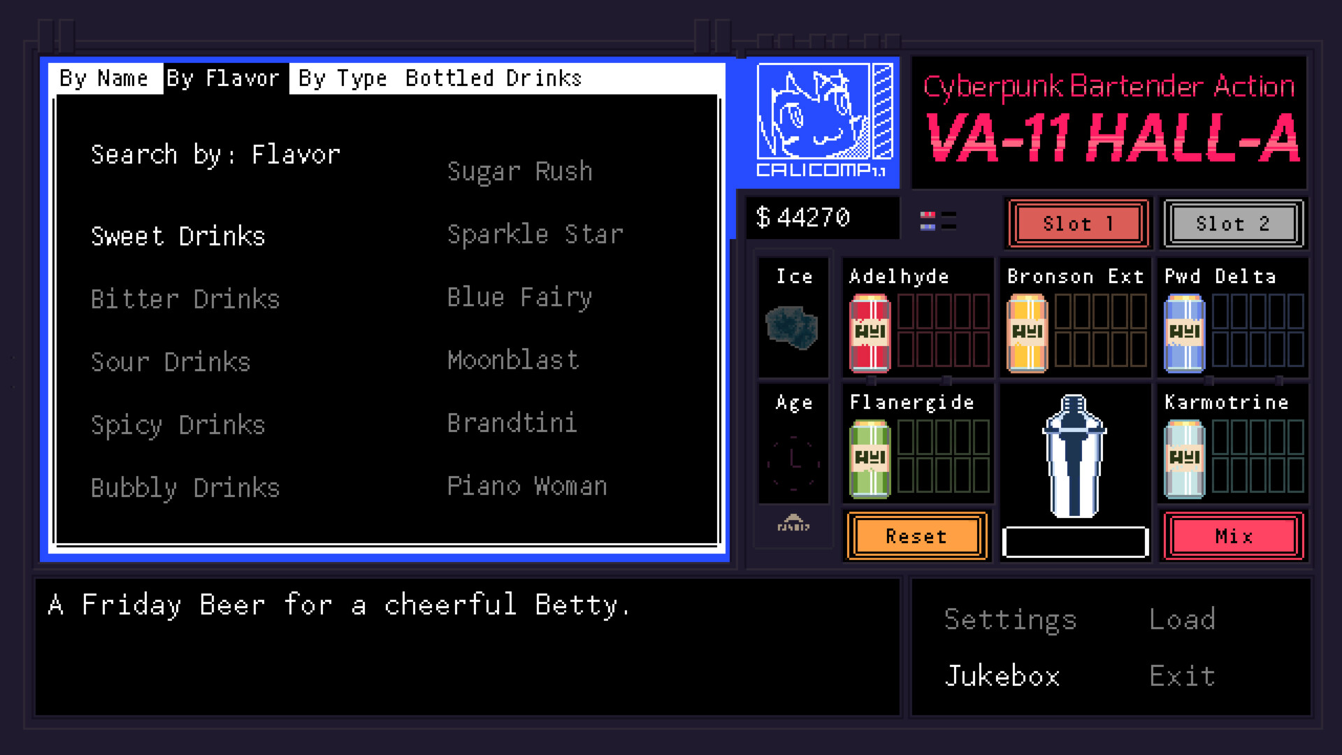 Sort drink by flavor screenshot of VA-11 Hall-A: Cyberpunk Bartender Action video game interface.