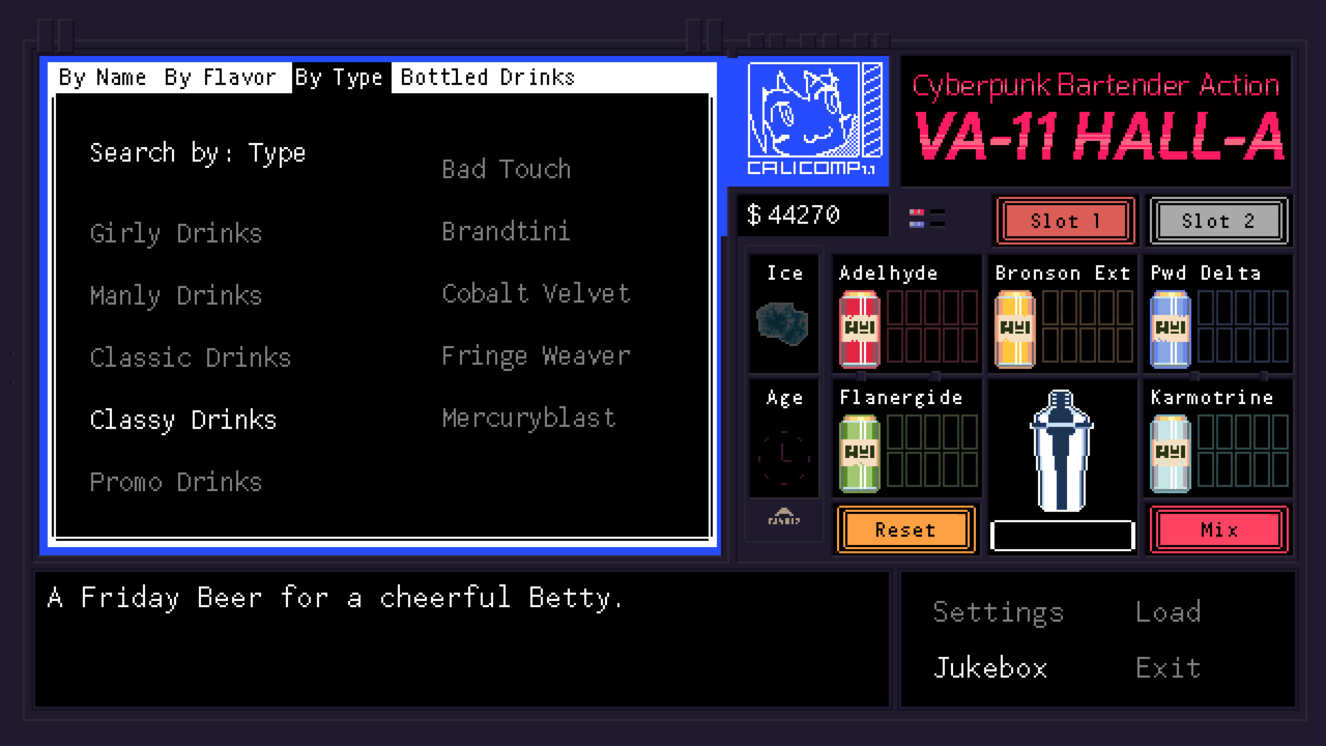 Sort drink by type screenshot of VA-11 Hall-A: Cyberpunk Bartender Action video game interface.