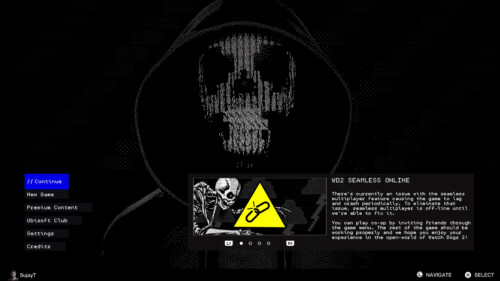 Main Menu screenshot of Watch Dogs 2 video game interface.