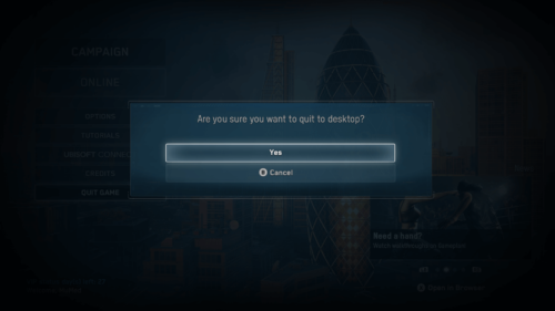Confirmation screenshot of Watch Dogs: Legion video game interface.