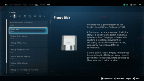 Data screenshot of Watch Dogs: Legion video game interface.