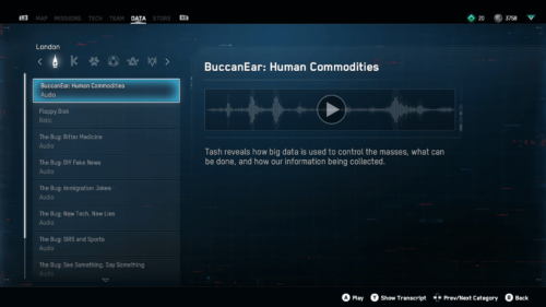 Data screenshot of Watch Dogs: Legion video game interface.