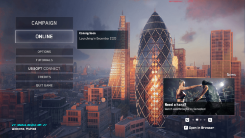 Main Menu screenshot of Watch Dogs: Legion video game interface.