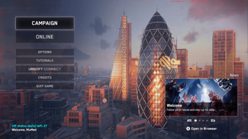 Main Menu screenshot of Watch Dogs: Legion video game interface.