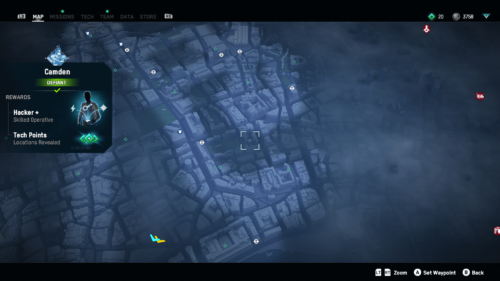Map screenshot of Watch Dogs: Legion video game interface.