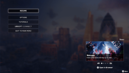 Pause screenshot of Watch Dogs: Legion video game interface.