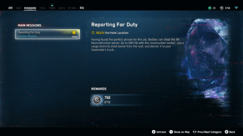 Quest screenshot of Watch Dogs: Legion video game interface.