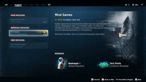 Quest screenshot of Watch Dogs: Legion video game interface.