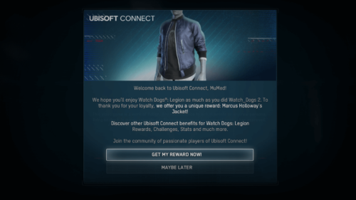Ubisoft Connect screenshot of Watch Dogs: Legion video game interface.