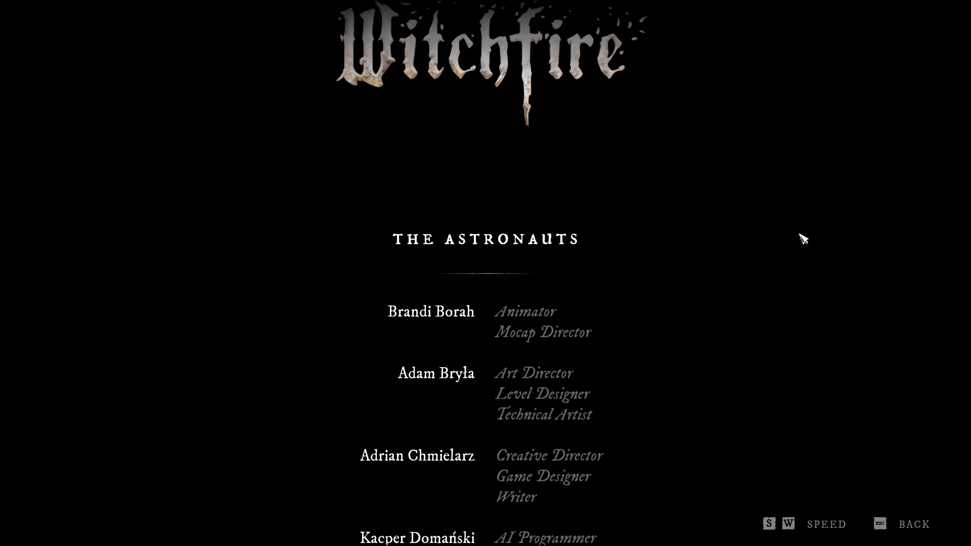 Credits screenshot of Witchfire video game interface.