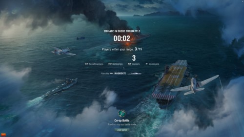 Queue for battle screenshot of World of Warships video game interface.