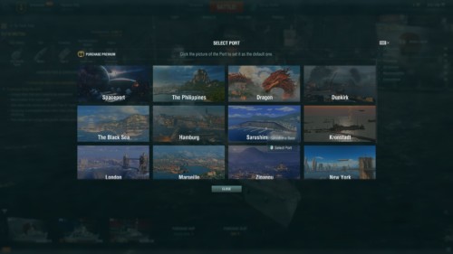 Select port screenshot of World of Warships video game interface.