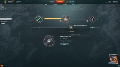 Service record screenshot of World of Warships video game interface.