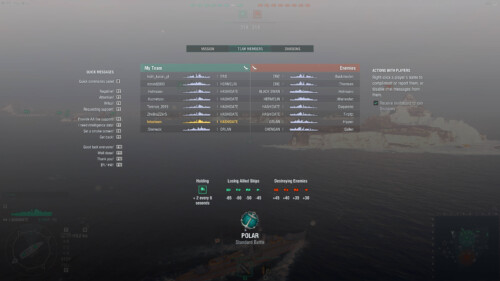 Team members screenshot of World of Warships video game interface.
