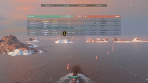 Team score screenshot of World of Warships video game interface.