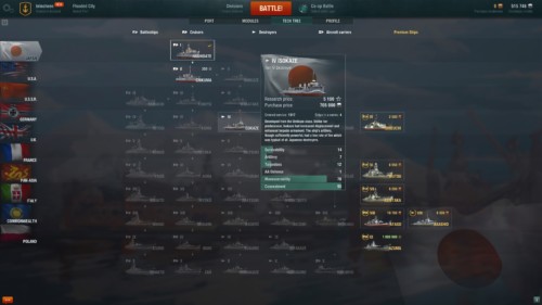 Tech tree screenshot of World of Warships video game interface.